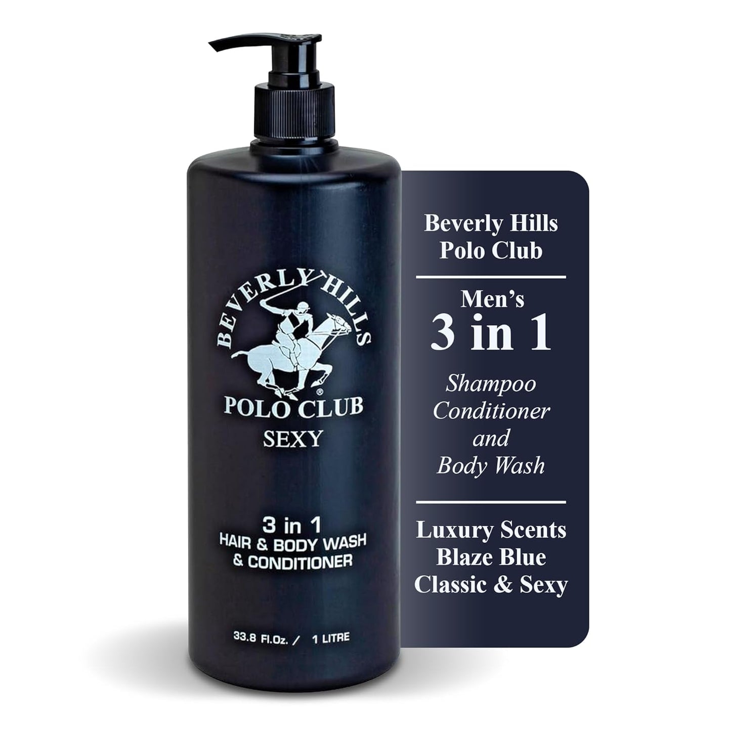 Beverly Hills Polo Club Men's 3-in-1 Shampoo Conditioner Body Wash - Luxury Scent Sexy - All Hair Types, 33.8 oz