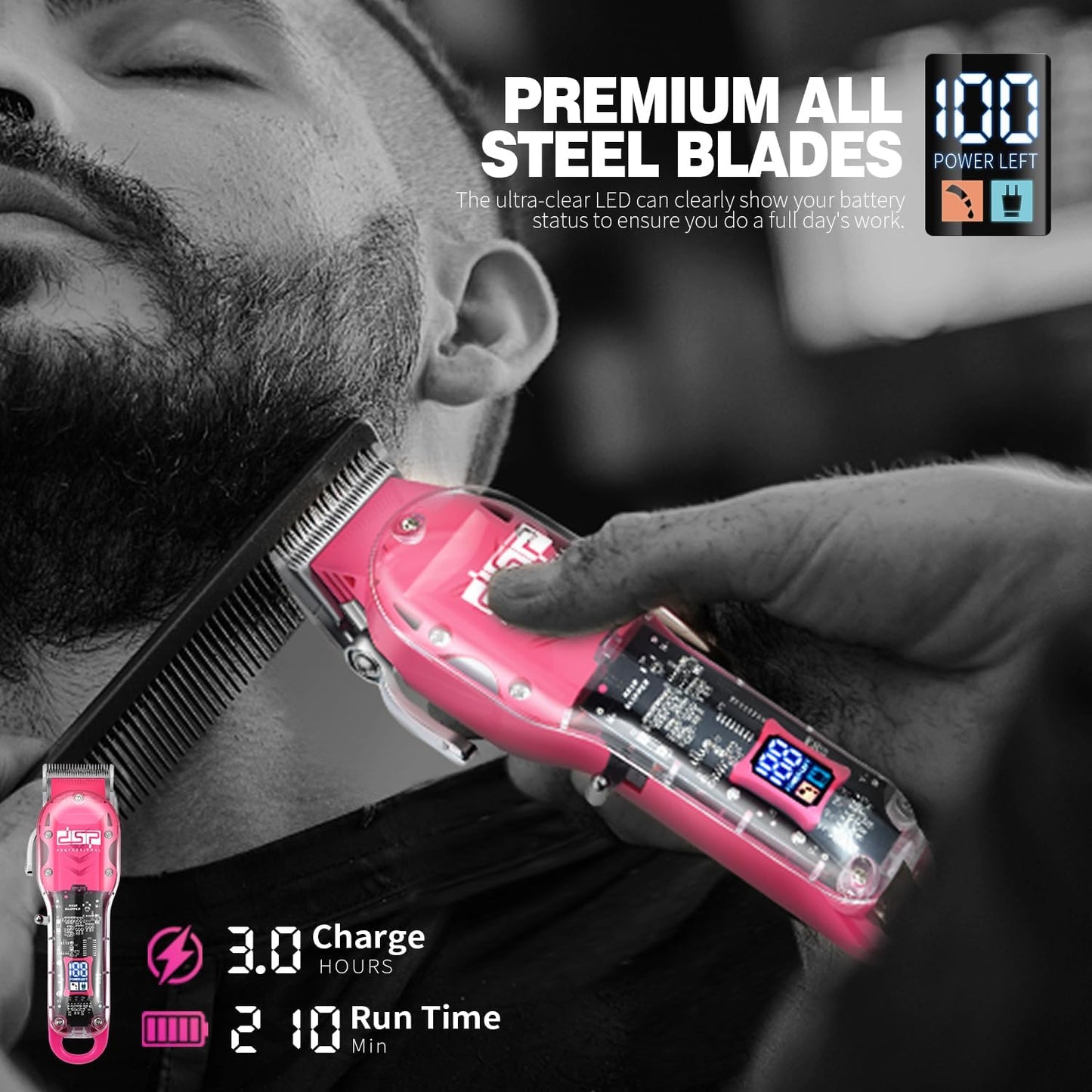 DSP® Hair Clipper, Trimmer Kit for Men Professional Barber Set for Hair and Beard Cutting Zero Gap Beard Trimmer, with LED Display (Pink)