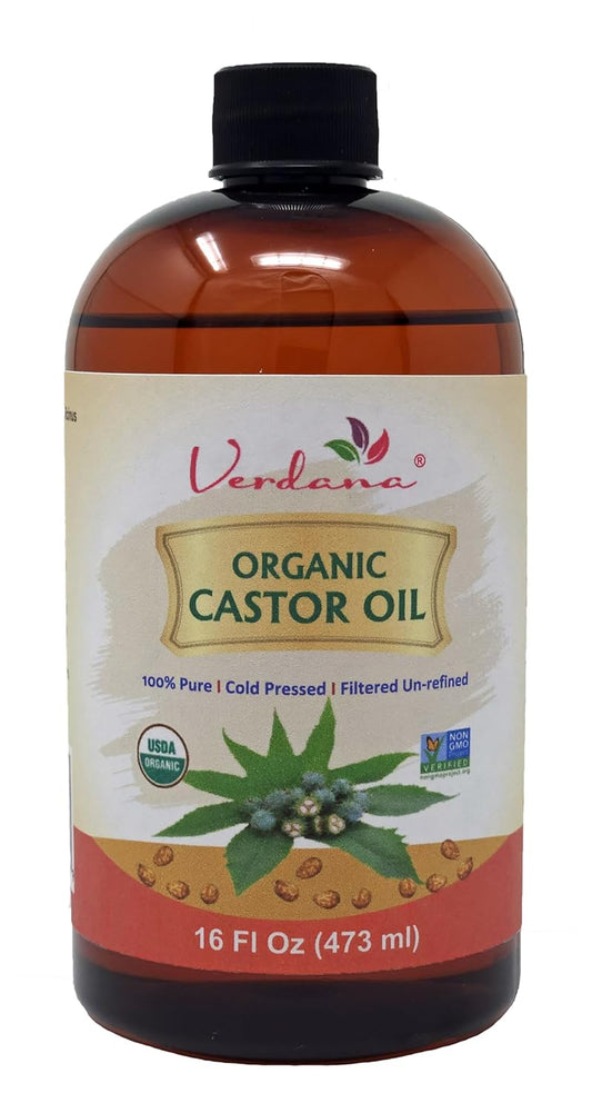 Verdana Organic Castor Oil – 16 Fl Oz Size – Cold Pressed, Unrefined, Hexane-Free – USDA Organic – Natural Moisturizer for Hair Growth, Eyelashes, Skin, Scalp & Castor Oil Packs