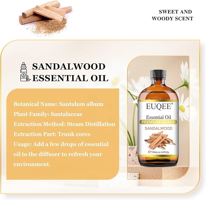 Sandalwood Essential Oil(4 oz/118 ml) Sandalwood Oil Oil with Glass Dropper, Great for Diffusers, Soap & Candle Making