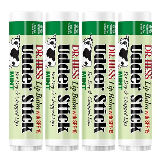 Original Udder Stick SPF Lip Balm, Soothing Moisturizer Sun Screen Balm for Dry Lips with Jojoba, Beeswax & Shea Butter, Total Lip Care, Hydration & Repair, Mint Flavor, 4 Pack