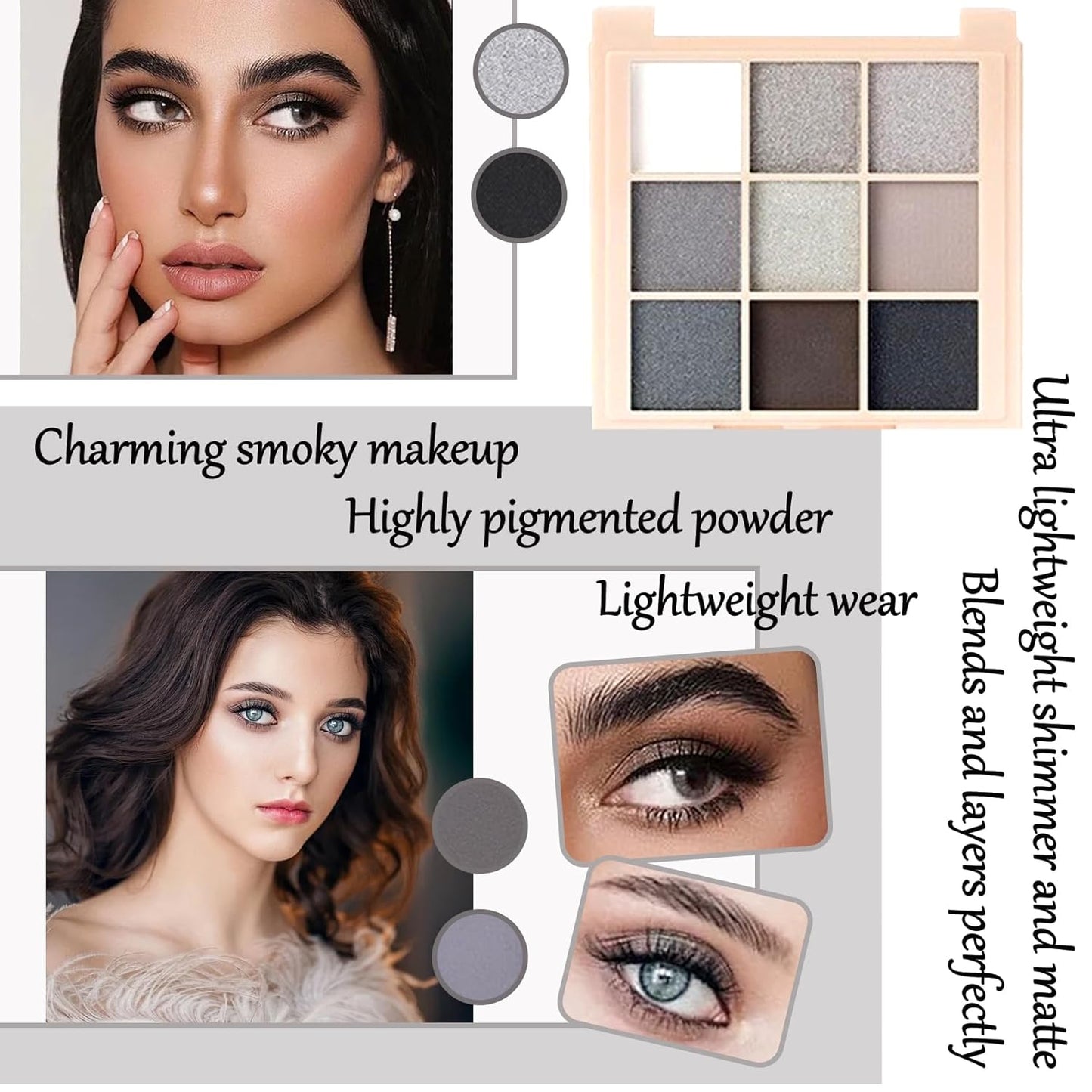 Black Grey Smoky Eyeshadow Palette,15 Colors Matte Shimmer Pigmented Eye Shadow Makeup Palette Set with 3 Eyeshadow Brushes,Glitter Eyeshadow Makeup Palette for Daily Halloween Goth Makeup(F)