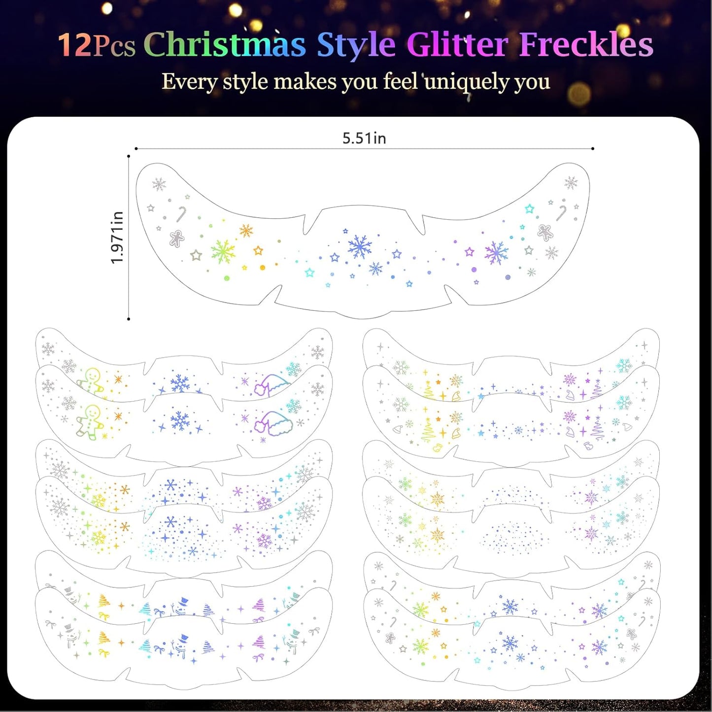 HyperFun 12Pcs Christmas Face Glitter Freckles, Glitter Freckles Face Tattoo Sticker, Holographic Multichrome Waterproof Sparkle Freckles Makeup Patches for Women Rave Festival Accessories Party Prom