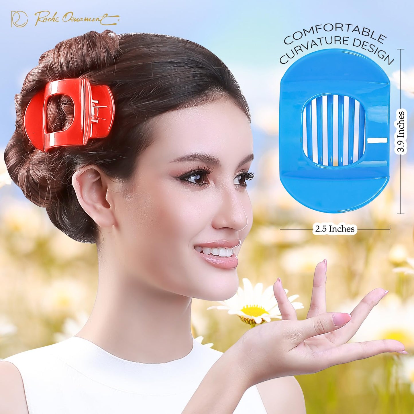 RC ROCHE 6 Pcs Flat Claw Hair Clips for Women Thick Hair French Round Duckbill Square Secure Strong Hold Grip Clamps Barrettes Curved No Slip No Crease Styling Cute Jumbo XL, Large Limited Edition