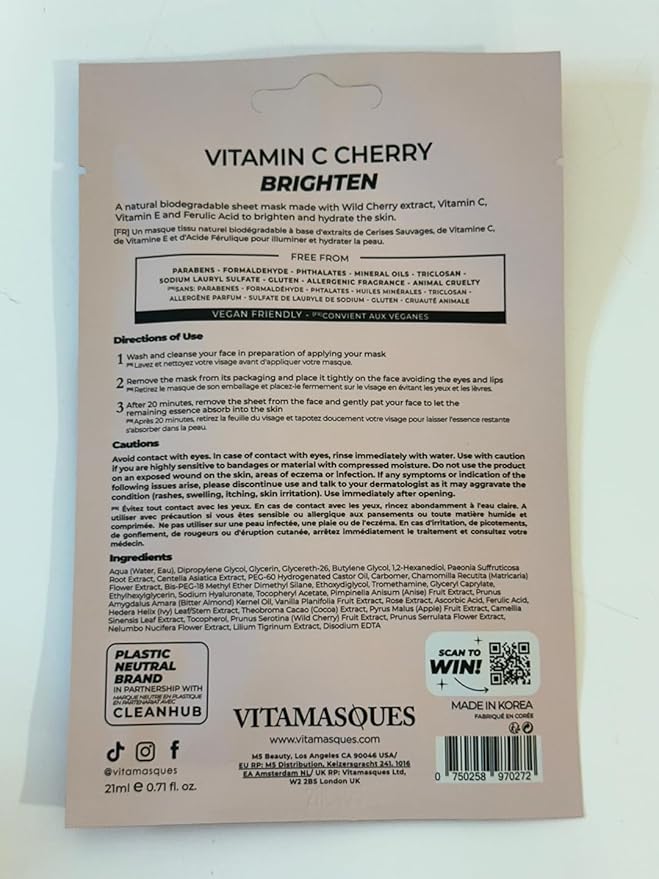 Vitamasques Vitamin C Cherry Face Sheet Mask 7 Pack - Brightens, Protects & Boosts Hydration with Antioxidants, Vitamin C and Ferulic Acid - Natural - Vegan - Korean Skin Care