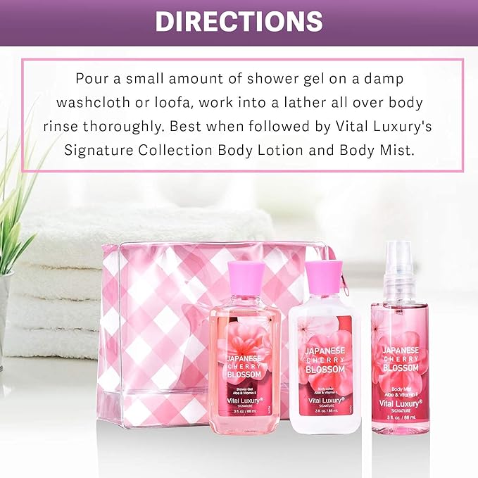 Bath & Body Care Travel Set - Home Spa Set with Body Lotion, Shower Gel and Fragrance Mist, Personal Body Care Travel Set for Birthday Christmas New Year Gifts(Japanese Cherry Blossom)
