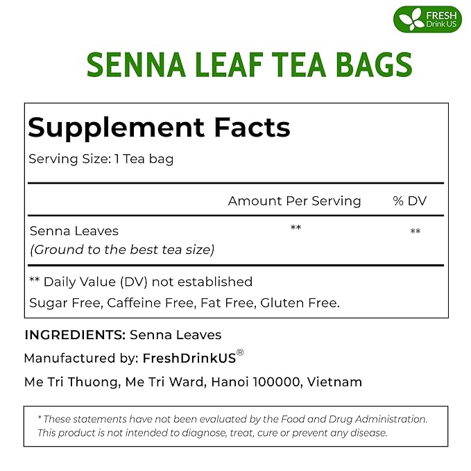 FreshDrinkUS, Premium 75 Senna Leaf Tea Bags, 100% Natural & Pure from Senna Leaves. Loose Leaf Senna Herbal Tea, Made with Natural Material Tea Bags. No Sugar, No Caffeine, No Gluten, Vegan.