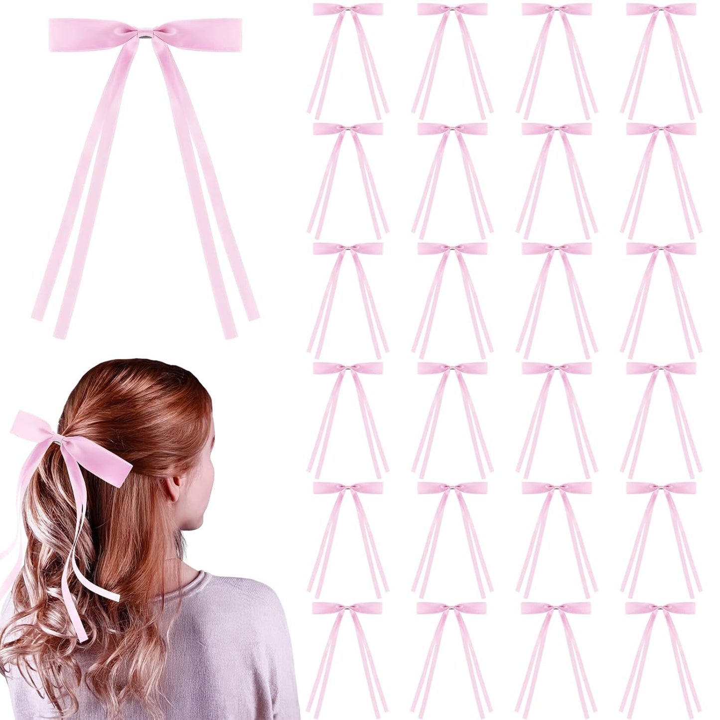 24 PCS Hair Bows Clips Ribbon,Mini Satin Hair Bows With Long Tail for Women and Girls Hairstyle Accessory Gift (Pink)
