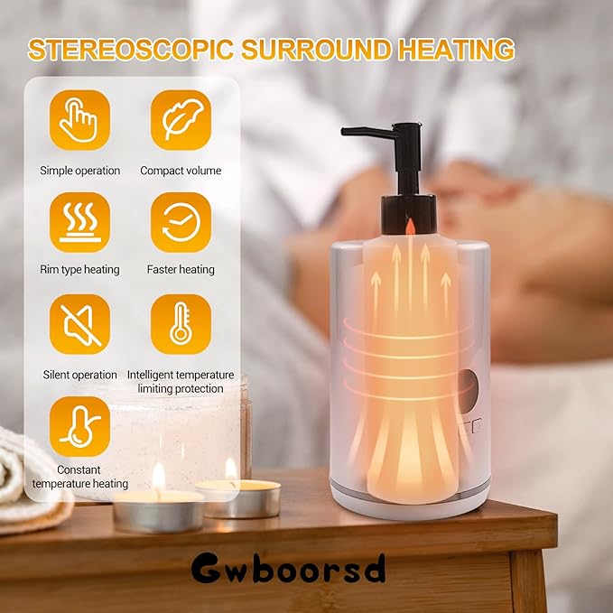 Oil Warmer for Massage, Massage Oil Warmer for Scented Oil, Oil Warmer, Body Oils Heater for Spa, Salon,with 2 Oil Bottle Dispensers, 1 White Funnel,Temperature Control, Atmosphere Lights, Silver