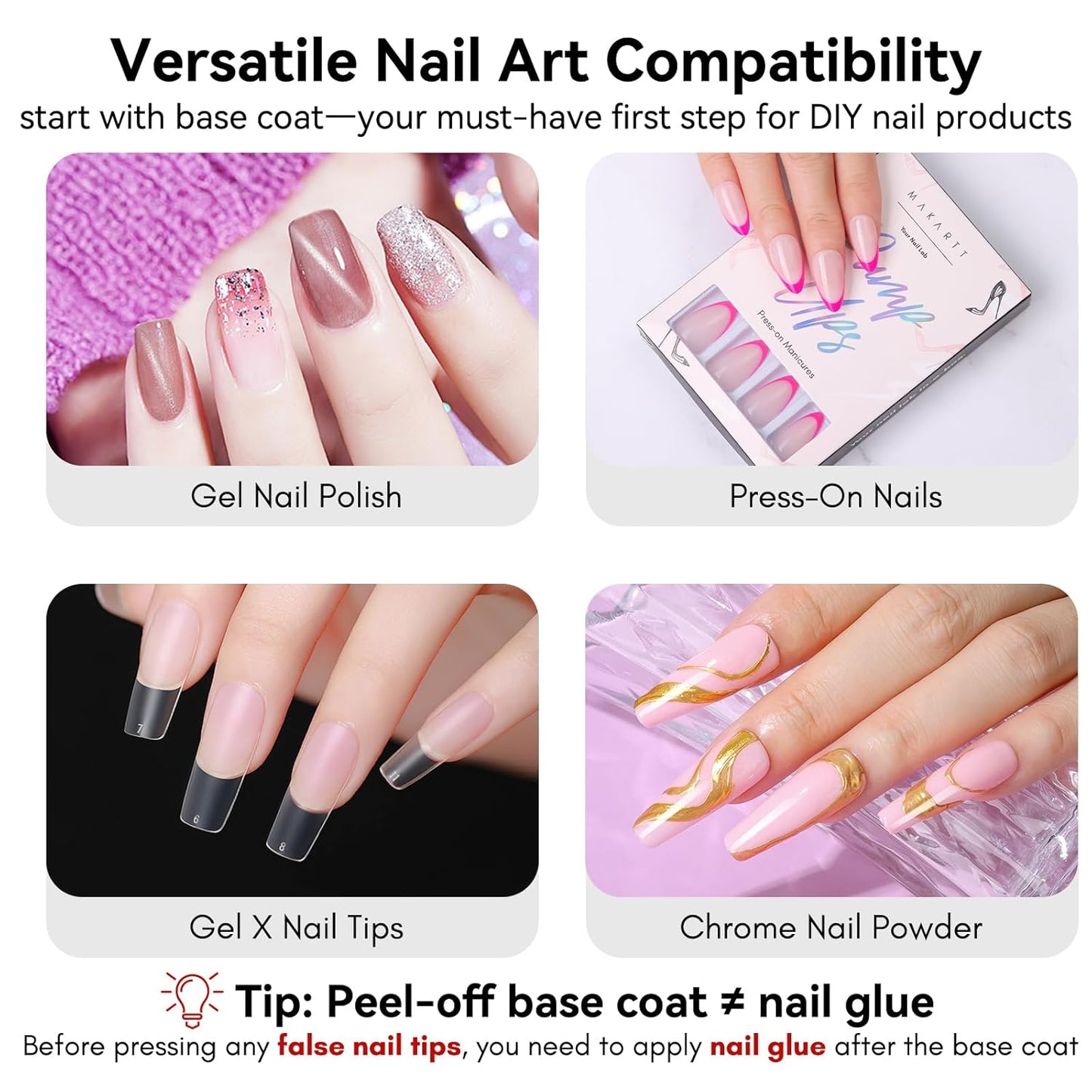 Makartt Peel Off Gel Base Coat: 15ML UV Peelable Base for Gel Nail Polish, Press-On, Nail Tips – Easy Removal, No Soak-Off, UV LED Lamp Required, for Beginners Thin Nails