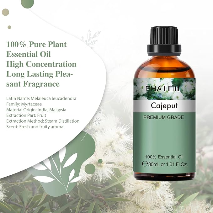 Cajeput 1.01fl.oz Essential Oil, PHATOIL Pure Aromatherapy Oils for Diffuser, Humidifier, Perfect for DIY Soap, Candle, Bath Bombs Making(30ml)