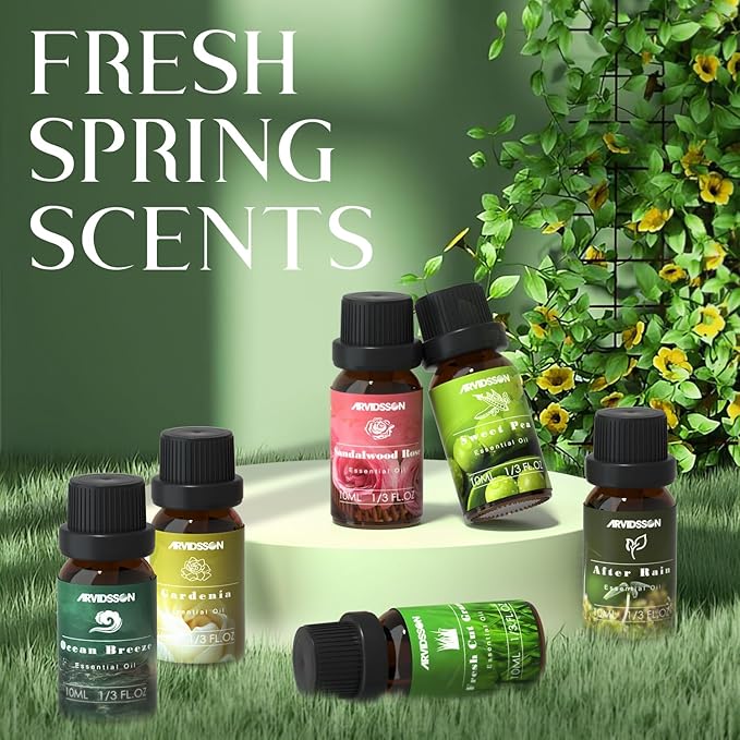 Spring Essential Oils Set, ARVIDSSON Natural Fragrance Oil for Diffuser, Candle Making - After Rain, Ocean Breeze, Fresh Cut Grass, Gardenia, Sweet Pea, Rose Sandalwood, Spring Scented Oil Gift Set