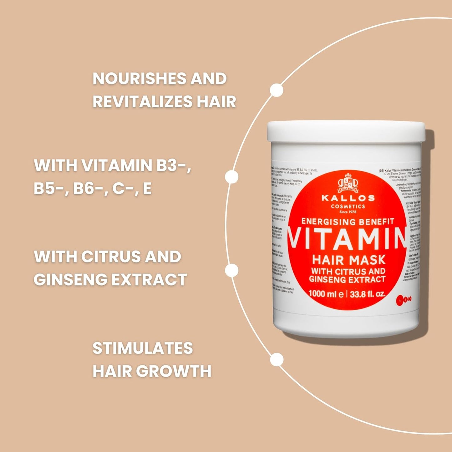 Kallos KJMN Vitamin Energising Hair Mask with ginseng extract and avocado oil 1000 ml - 33,81 Fl Oz