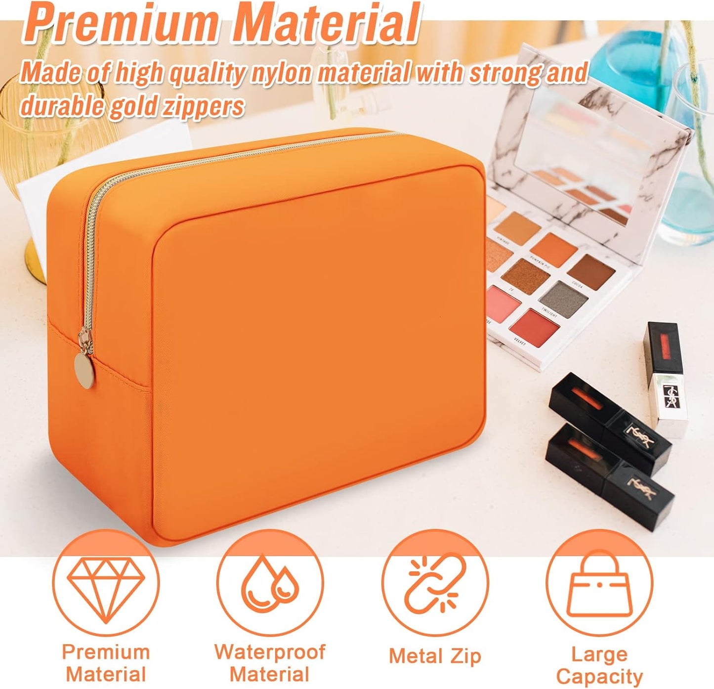 Iqimott Nylon Large Makeup Bag Travel Pouch, Preppy Cosmetic Organizer, Waterproof Toiletry Zipper Storage for Women Girls Teens (Orange)
