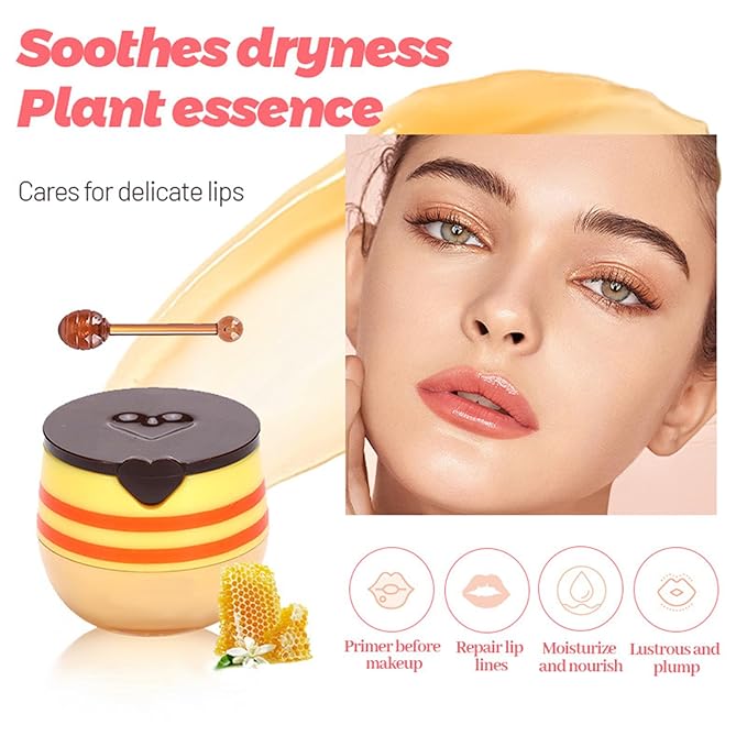6 PCS Bee Lip Balm Honey Pot, Honey Strawberry Watermelon Apple Lime Mint Cherry Lip Mask Propolis Moisturizing Sleeping Lip Mask Overnight with Sticks, Honey Lip Balm Prevention Dry