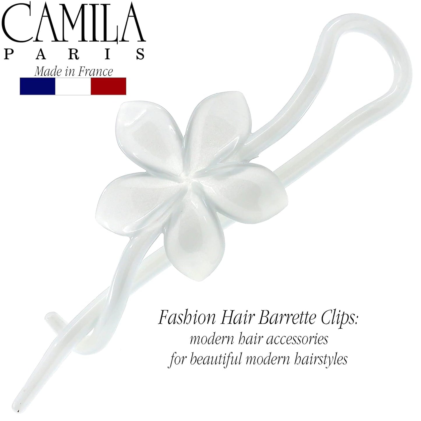 Camila Paris CP3193 French Hair Barrette Pin Clips for Girls, Flower, White, No Metal Parts, Strong Hold Grip Hair Clips for Women, No Slip and Durable Styling Girls Hair Accessories, Made in France