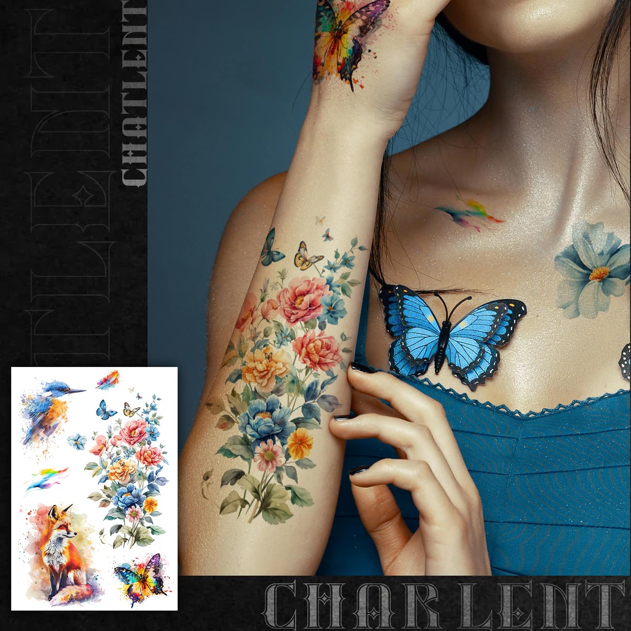 CHARLNET 3D Watercolor Temporary Tattoos For Women Men - 9 Sheets Large Realistic Watercolor Flower Lion Tiger Horse Tattoos for Adults Body Art/Long Lasting/Waterproof