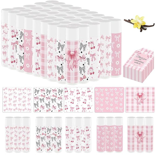 50 Pack Pink Bow Baby Shower Favors Bulk Lip Balm Girls Favors Gifts for Bachelorette Girls Pink Bow Moisturizing Lip Care Pretty lipstick Mother's Day Birthday Party Supplies Decorations(pink bow)