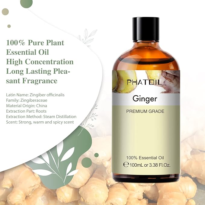 Ginger 3.38fl.oz Essential Oil, PHATOIL Pure Aromatherapy Oils for Diffuser, Humidifier, Perfect for DIY Soap, Candle, Bath Bombs Making(100ml)