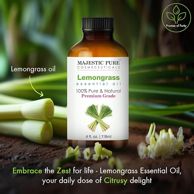 MAJESTIC PURE Lemongrass Essential Oil | 100% Pure and Natural Lemongrass Oil | Premium Grade Essential Oils for Hair Care, Home Diffusers, Skin, Aromatherapy, Massage and Humidifiers | 4 Fl Oz