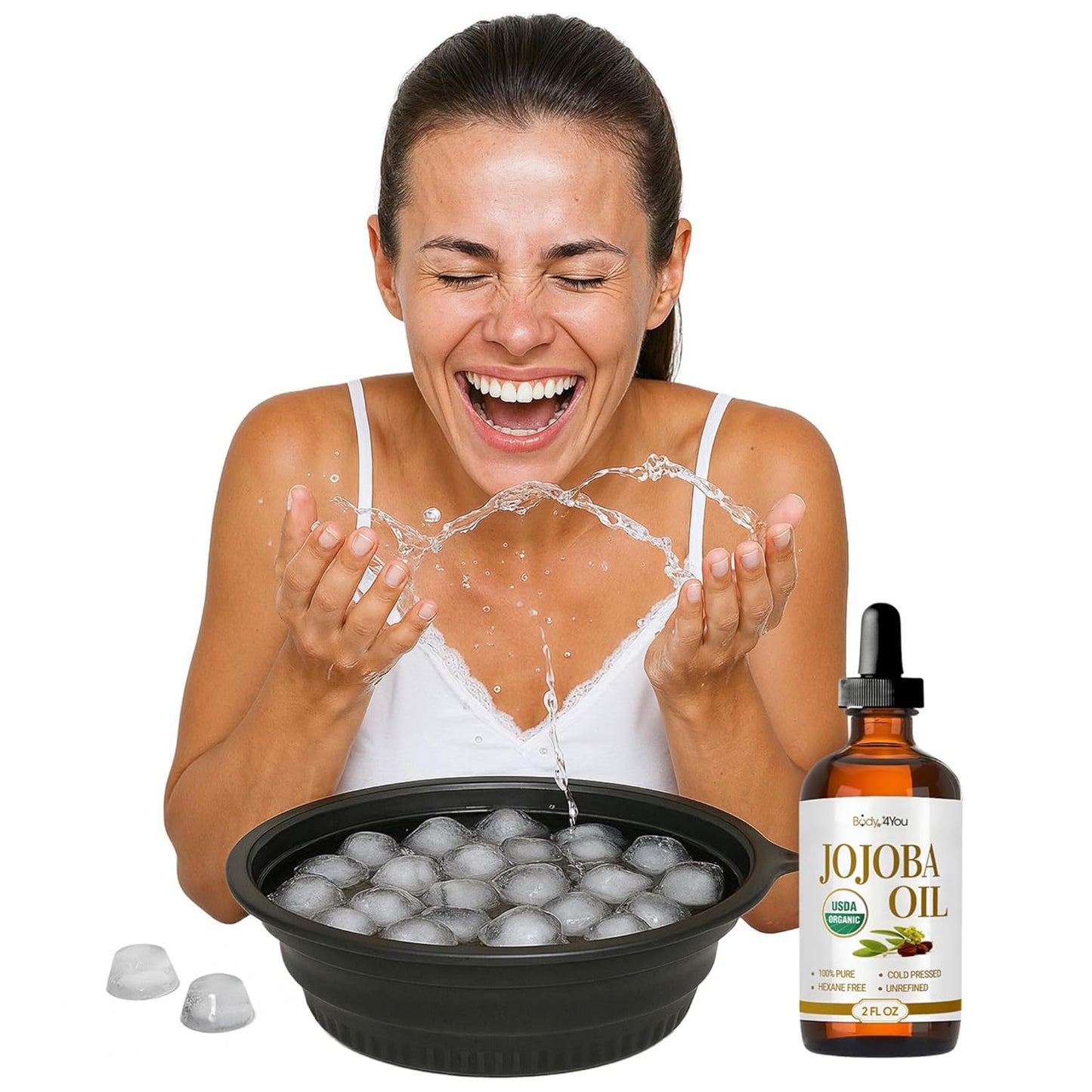 Face Ice Bowl Ice Bath Cold Plunge Dunk Dip - Silicone Collapsible Bucket Tub Subzero Basin Facial Plunge Bowl - Face Washing Ice Water Cleanse Jojoba Oil Dropper Skin Hair Lashes - 2 Fl Oz