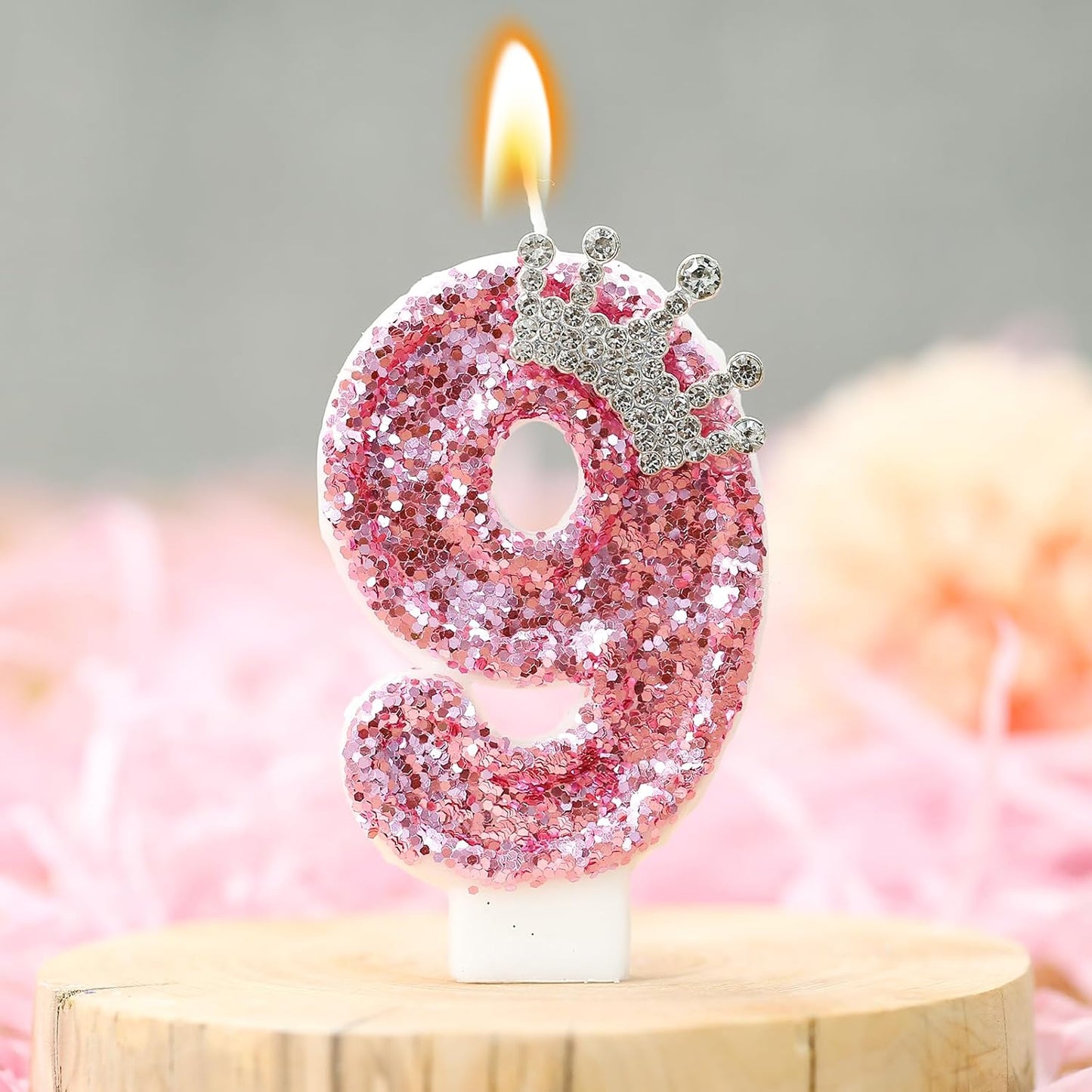 Birthday Number Candles,Pink Crown Birthday Candles for Cake,Glitter Number 9 Candle Cake Topper with Sequins for Girls,Women, Anniversary Celebrations Supplies (Pink 9)