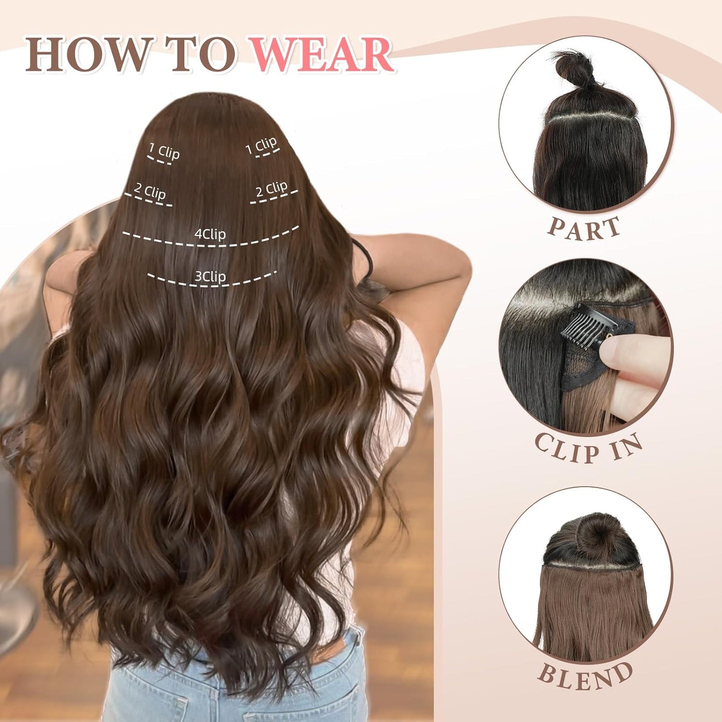 Clip in Hair Extensions for Women Chestnut Brown Long Wavy Hair Extensions Clip Ins 6PCS 16 Inch Synthetic Soft and Natural Thick Hair Pieces for Women