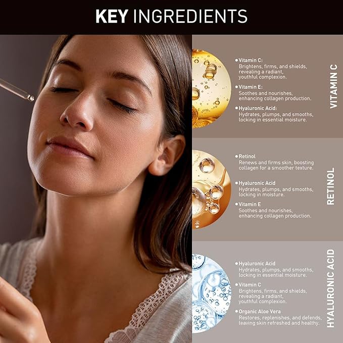 3 Pack Face Serum Set - Includes Vitamin C, Retinol & Hyaluronic Acid - Firming, Brightening & Hydrating - Reset Your Skin Day and Night