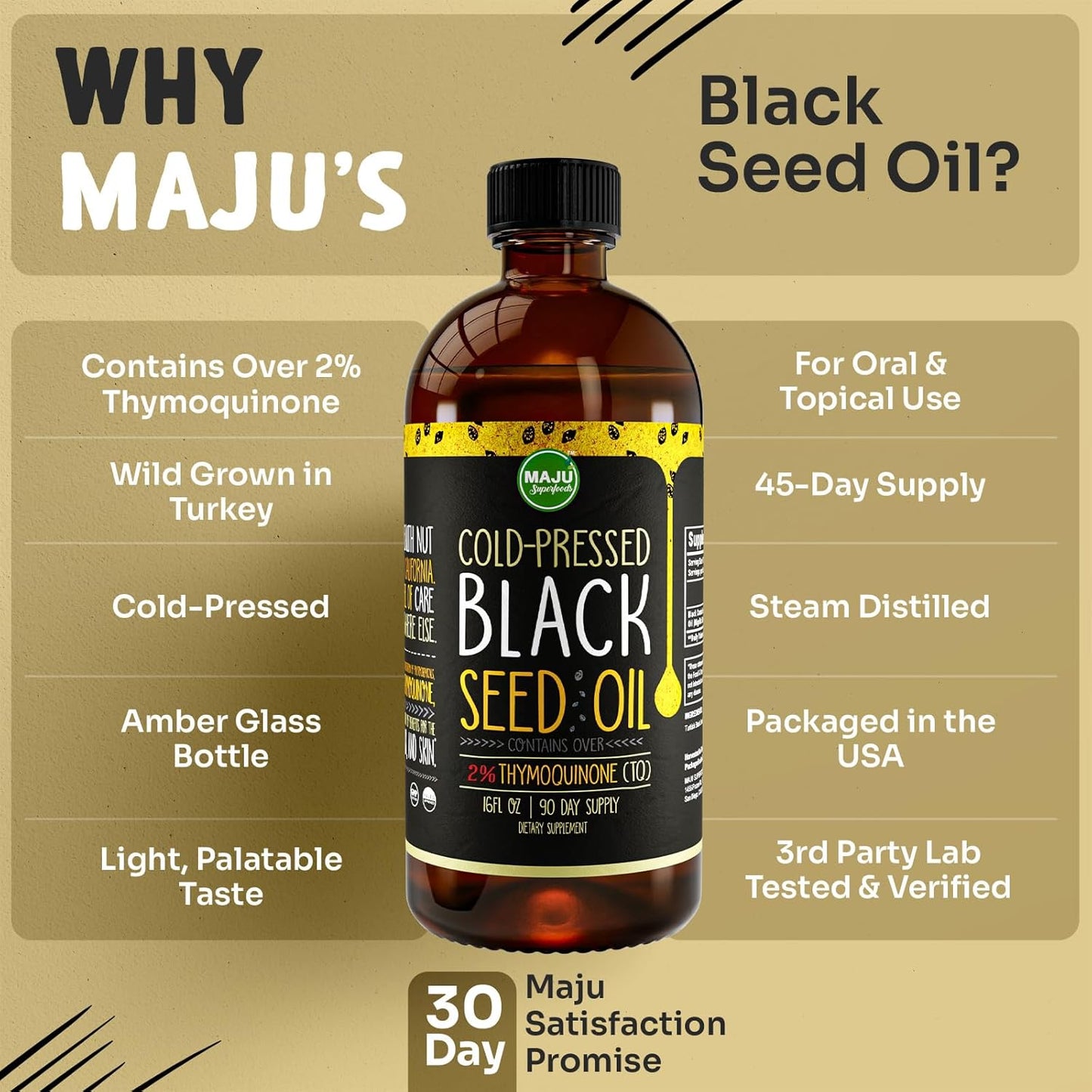 MAJU's Black Seed Oil 16oz: 3X Thymoquinone, Cold Pressed, 100% Turkish Black Cumin Nigella Sativa Seed Oil (Better Than Organic), Non-GMO, 100% Liquid Pure Blackseed, Glass Bottle