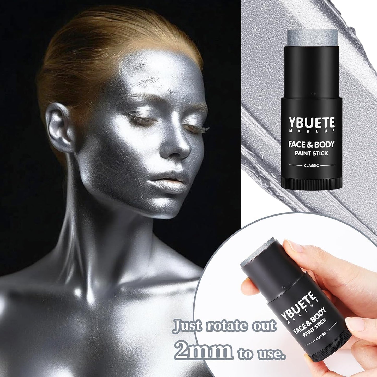 Silver Face Body Painting Stick, Professional Silver Full-coverage Cream Face Paint for Halloween SFX Cosplay Makeup, Washable Eye Body Stick for Adult Costume Party