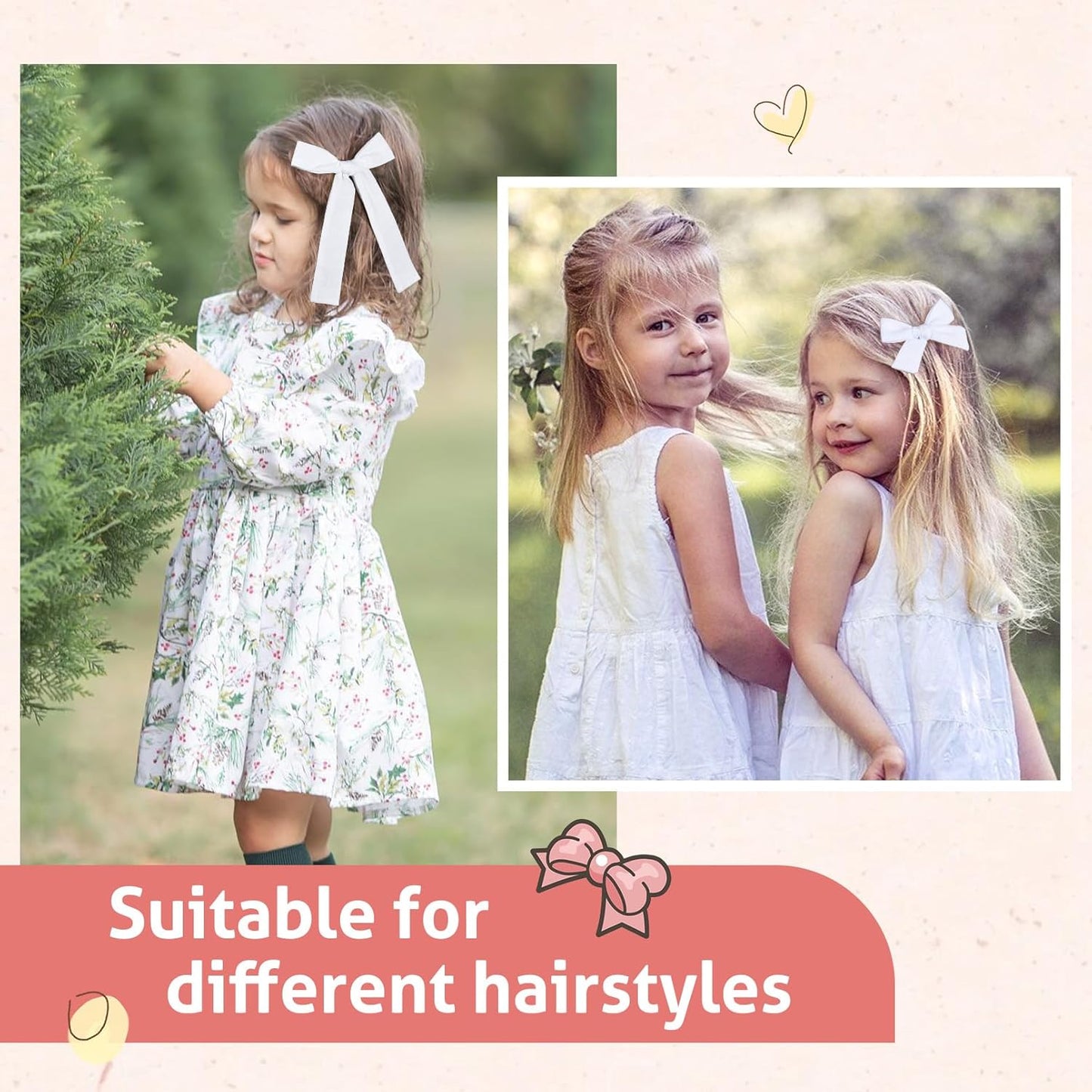 DEEKA White Cotton Linen Hair Bows 2 Sizes 5"&3.5" Soft Hair Bow set for Toddler Girls Long Ponytail Knot Bows Alligator Clip Hair Accessories for Little School Girls (White)