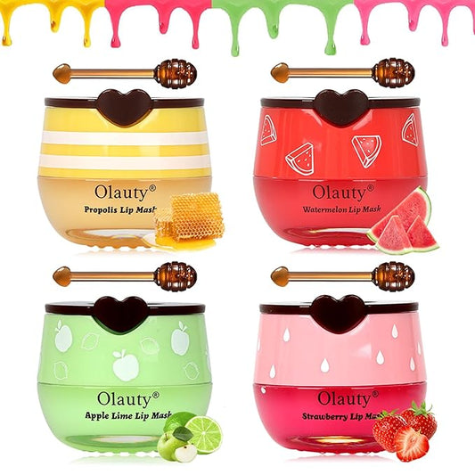 4 Pcs Bee Lip Balm Honey Pot,Strawberry&Watermelon&Honey&Apple Lime Lip Mask Overnight Hydrating Prevention Dry and Cracked Lip Scrubs Exfoliator Lip Care, Lip Sleeping Mask Reduces Lip Lines