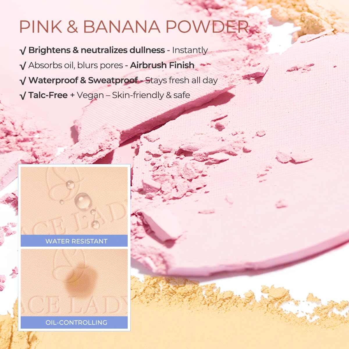 SACE LADY Face Powder Waterproof Setting Makeup, Talc-Free Oil Control Pressed Powder Compact for Women, Blurring Pores Matte Long Lasting Up to 24 Hours, Cruelty-Free (#06 Banana, 0.35Oz)