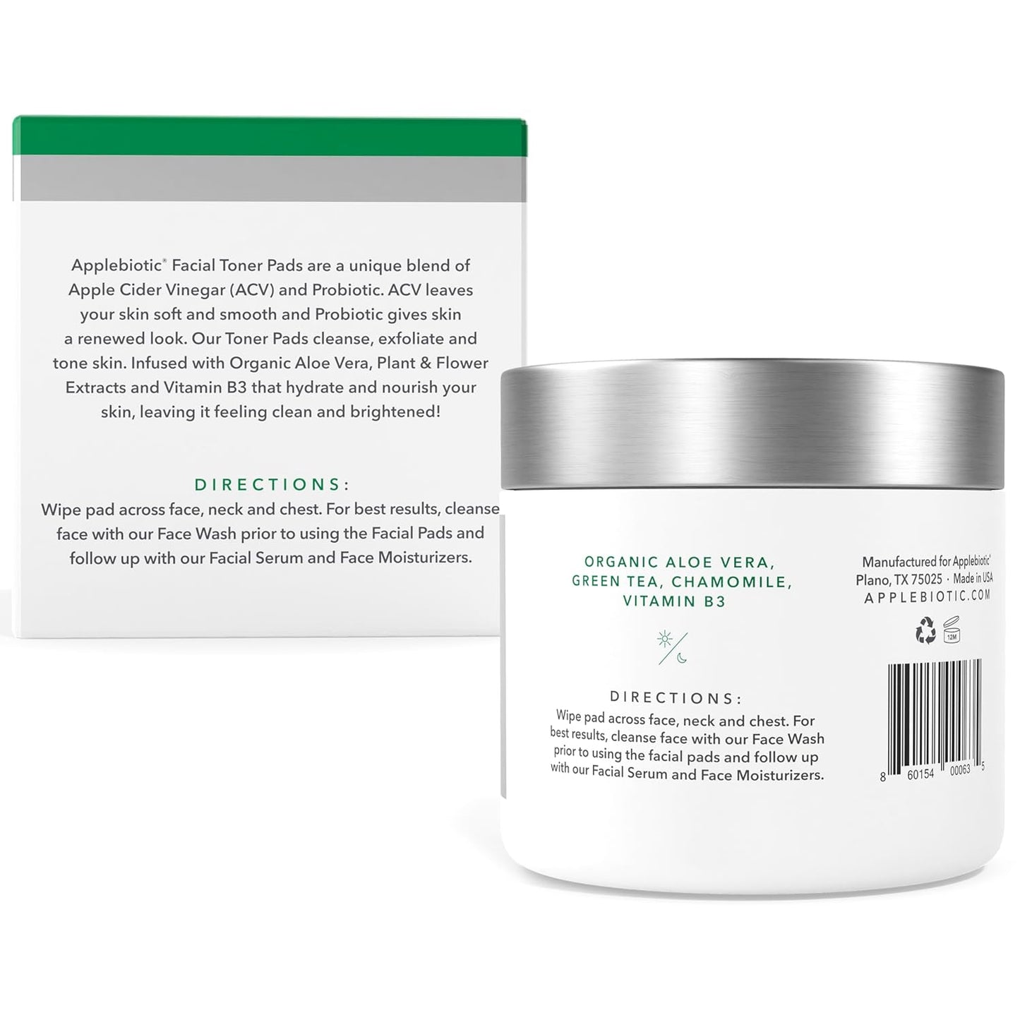 Apple Cider Vinegar Face Toner Pads - Exfoliating & Hydrating Toner for All Skin Types, Probiotic Extract, Aloe, Green Tea - Pack of 2