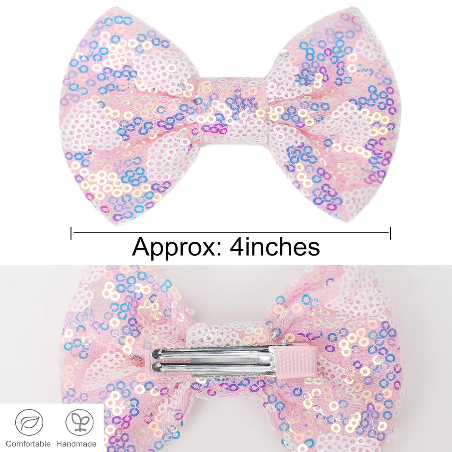Sparkling 4 Inch Glitter Heart Hair Bows Clips Sequin Bow Alligator Clips Hair Accessories for Girls, Teens, Toddlers（Light Pink）