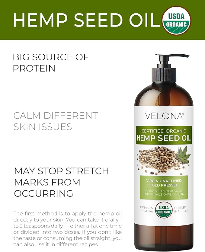 velona Hemp Seed Oil USDA Certified Organic - 16 Fl Oz | 100% Pure and Natural Carrier Oil | Unrefined, Cold Pressed | Hair, Body, Face & Skin Care