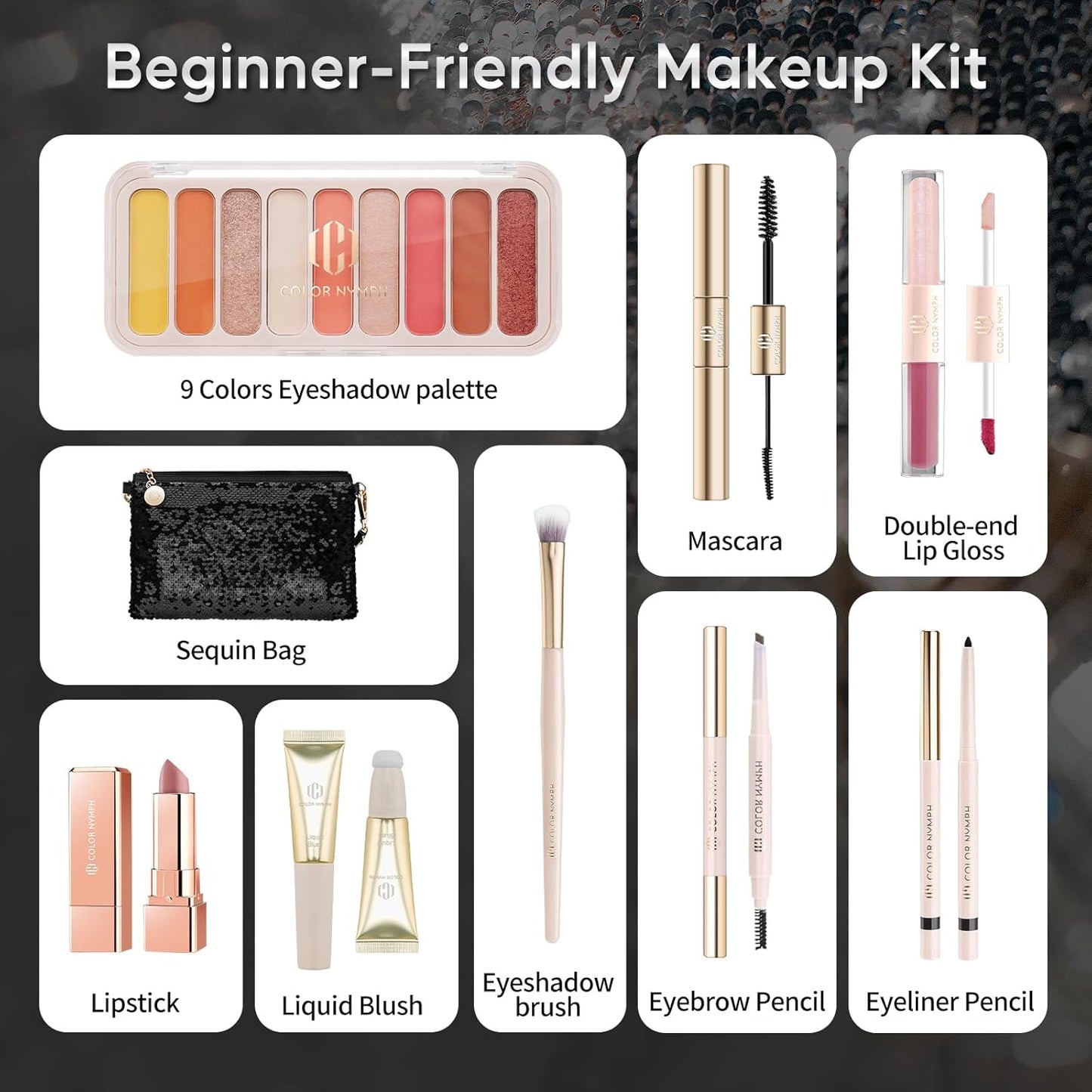Color Nymph Full Cosmetics Set for Beginner, Makeup Gift Kit for Girls, Women & Teens, Sequin Make up Bag for Starters Includes Lip Gloss, Lipstick, Liquid Blush, Eye shadow Palette, Mascara etc