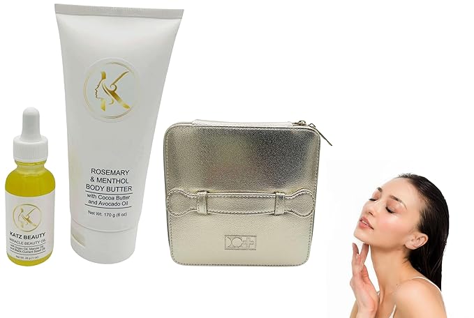 Katz Beauty Rosemary & Menthol Body Butter with Shea Butter and Avocado Oil 6 oz with Miracle Beauty Oil 1 oz and Cosmetic Bag