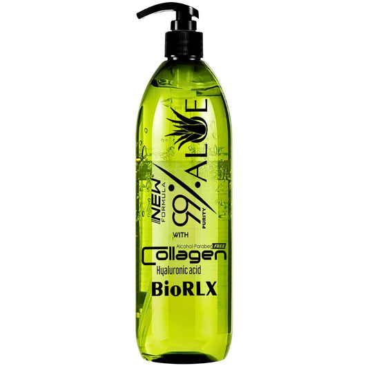 BioRLX 99% Aloe Vera Gel with Collagen and Hyaluronic Acid 250 Ml 8.5 Fl Oz - For Face Body, Hair & Scalp, After Sun Relief, Natural, Soothing, Hydrating