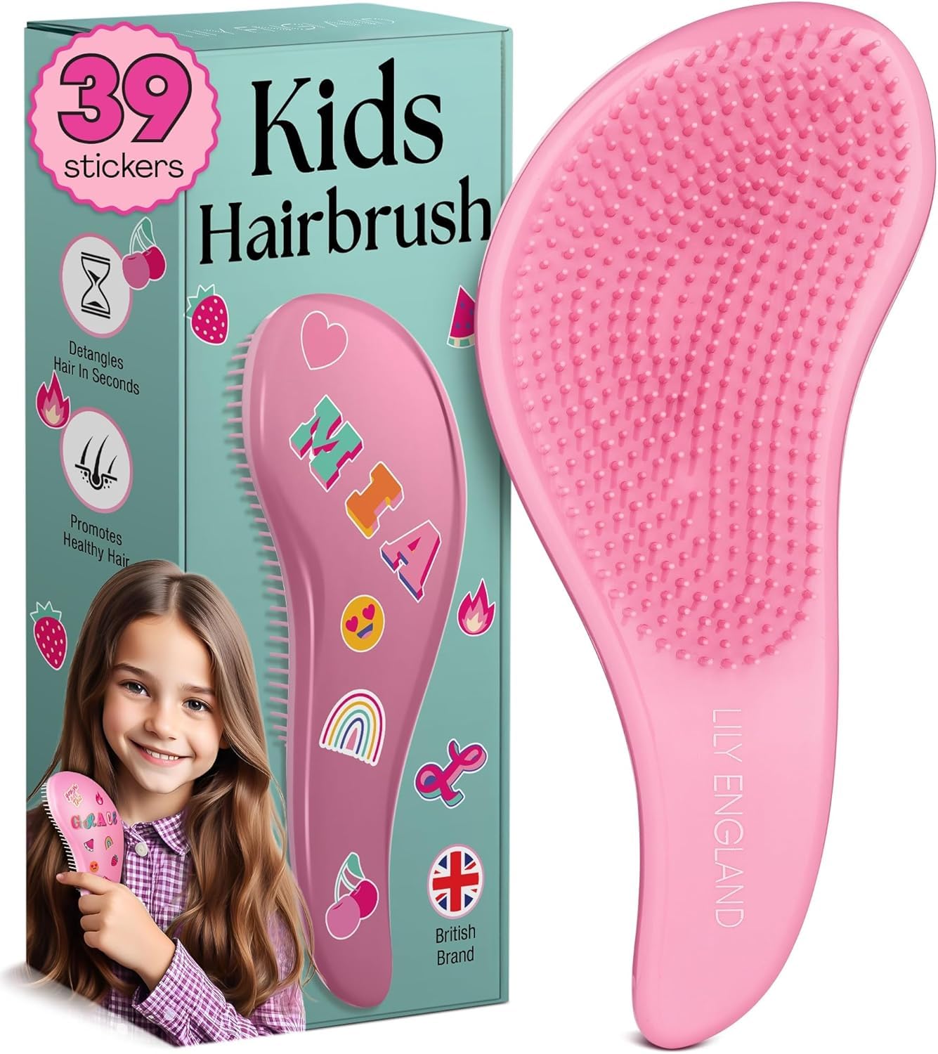 Lily England Detangler Brush for Curly, Thick, Straight & Natural Hair - Trendy Gift for Teens, Kids & Toddlers with Stickers - Hairbrush for Wet & Dry Hair, Pink