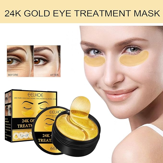 Q.Z.Art 60 Pcs 24K Gold Under Eye Patches, Anti-Aging Eye Mask Infused with Collagen and Hyaluronic Acid - Reduce Dark Circles, Puffiness, and Wrinkles