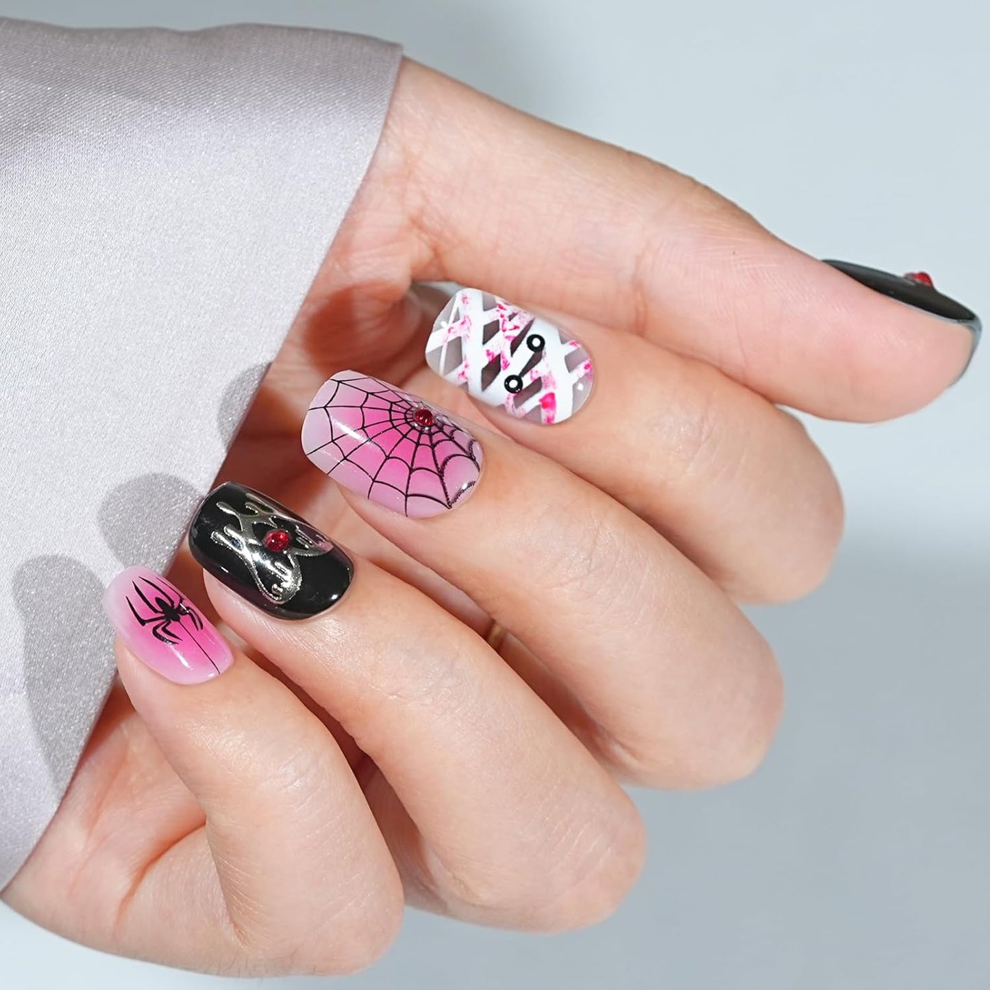 Halloween Press On Nails Short - Mummy’s Crypt, Black Pink Spider Web Nails of Halloween Nail Designs Acrylic Square Glue On Nails with Nail Glue, Stick On Nails in 16 Sizes - 32 PCS Soft Gel Kit