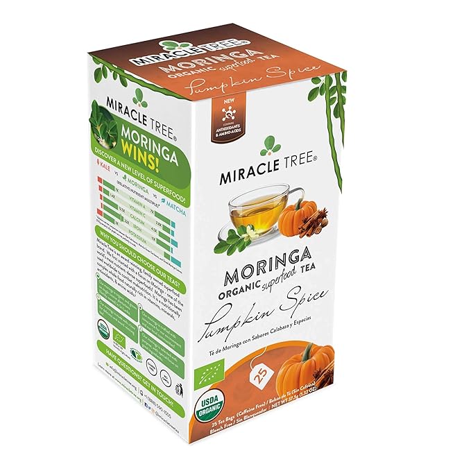 Miracle Tree - 6 Count of Organic Moringa Superfood Tea, 25 Individually Sealed Tea Bags, Pumpkin Spice (Keto, Detox, Energy/Immunity Booster, Vegan, Gluten-Free, Organic, Non-GMO, Caffeine-Free)