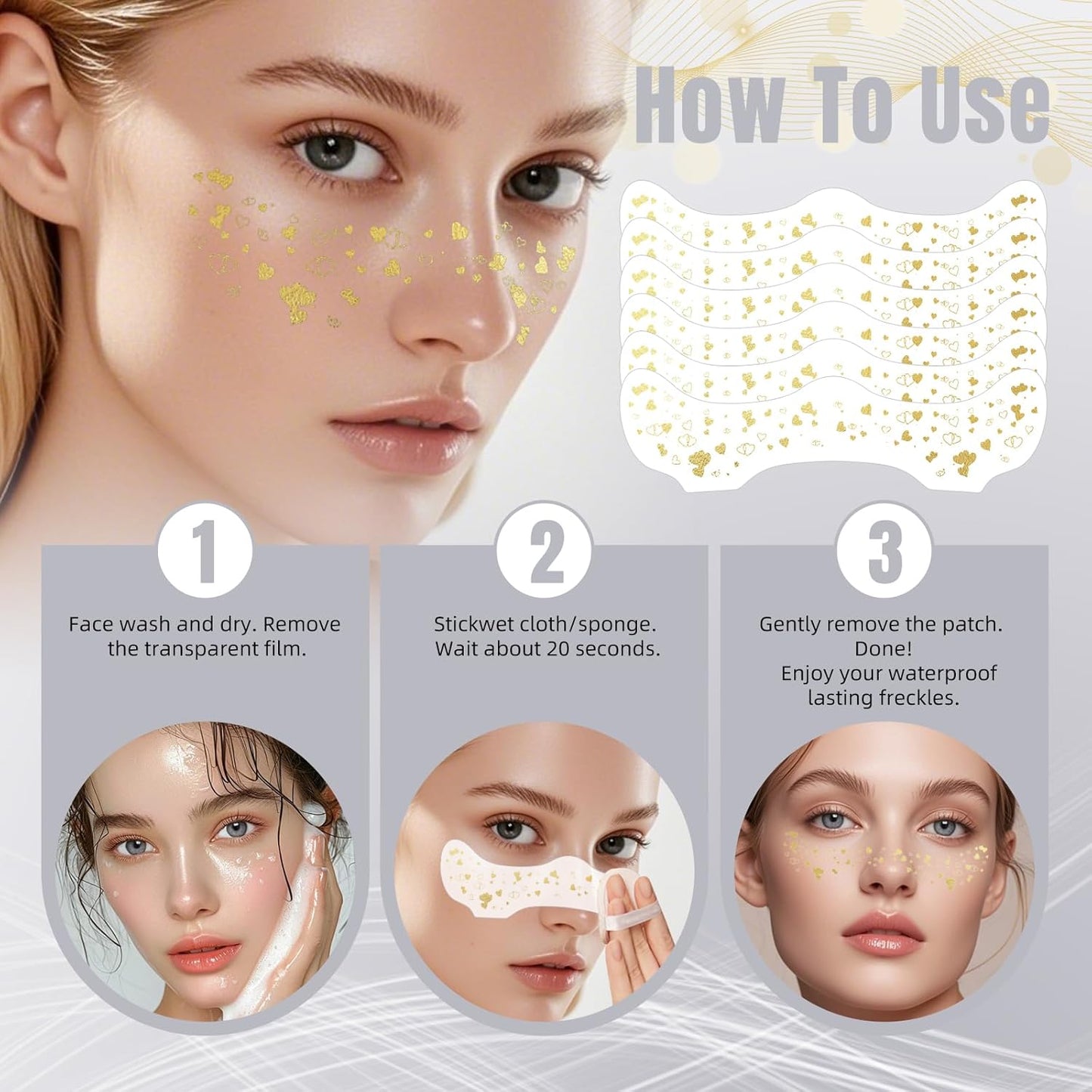 Glitter Freckles - Gold Fake Freckles, 6PCS Makeup Patches, Sweatproof Face Jewels for Women, Faux Face Glitter for Kids, Waterproof Glitter Freckles Face Tattoo, Party Makeup Accessory Face Glitter