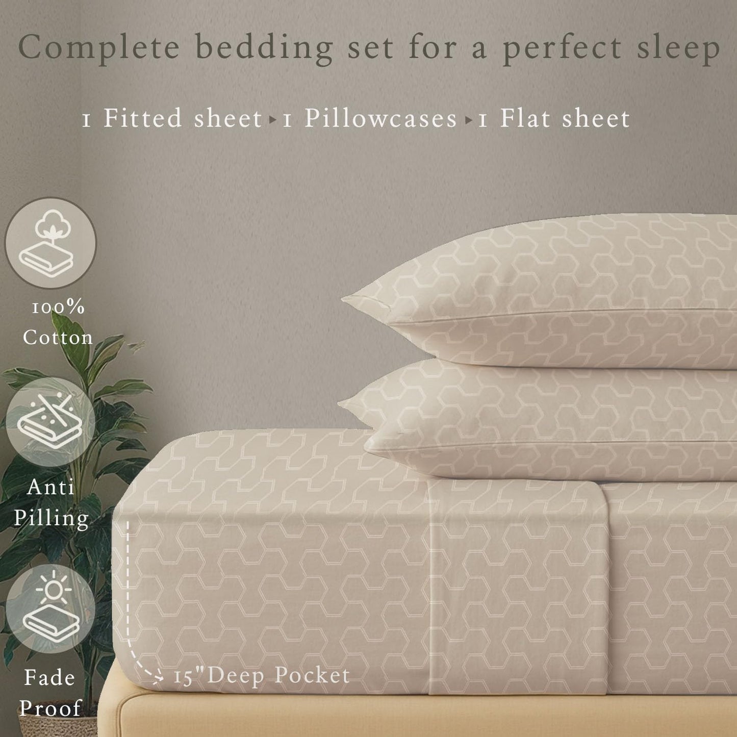 Threadmill 500TC Cotton Twin XL Sheet Set - Light Beige Floria, 3-Piece Bed Linen Set with 15" Deep Pocket, Damask Jacquard Sateen, Premium Soft Breathable Hotel-Style Sheets