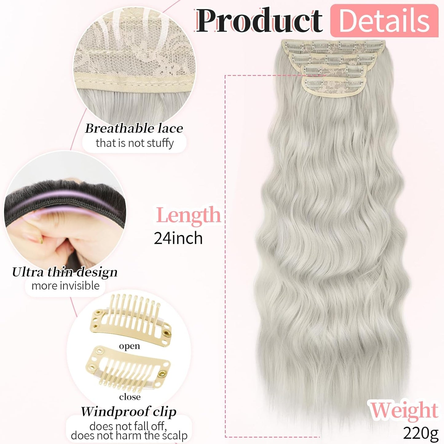 KooKaStyle Clip in Synthetic Hair Extensions Long Wavy 4PCS Thick Hairpieces Silver Grey Blonde Fiber Double Weft Natural Hair Extensions 24 Inch for Women