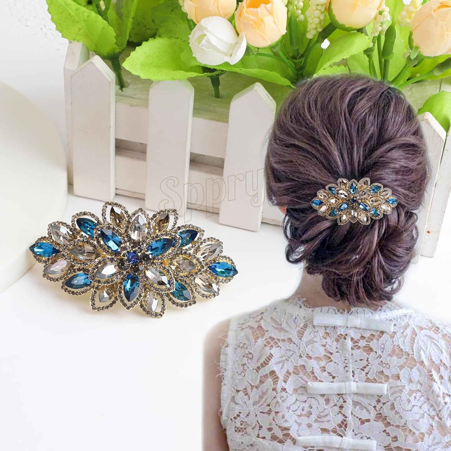 Luxury Gold-plated Rhinestone Hair Barrette for Women, Large Flower Jewelry Design (Navy)