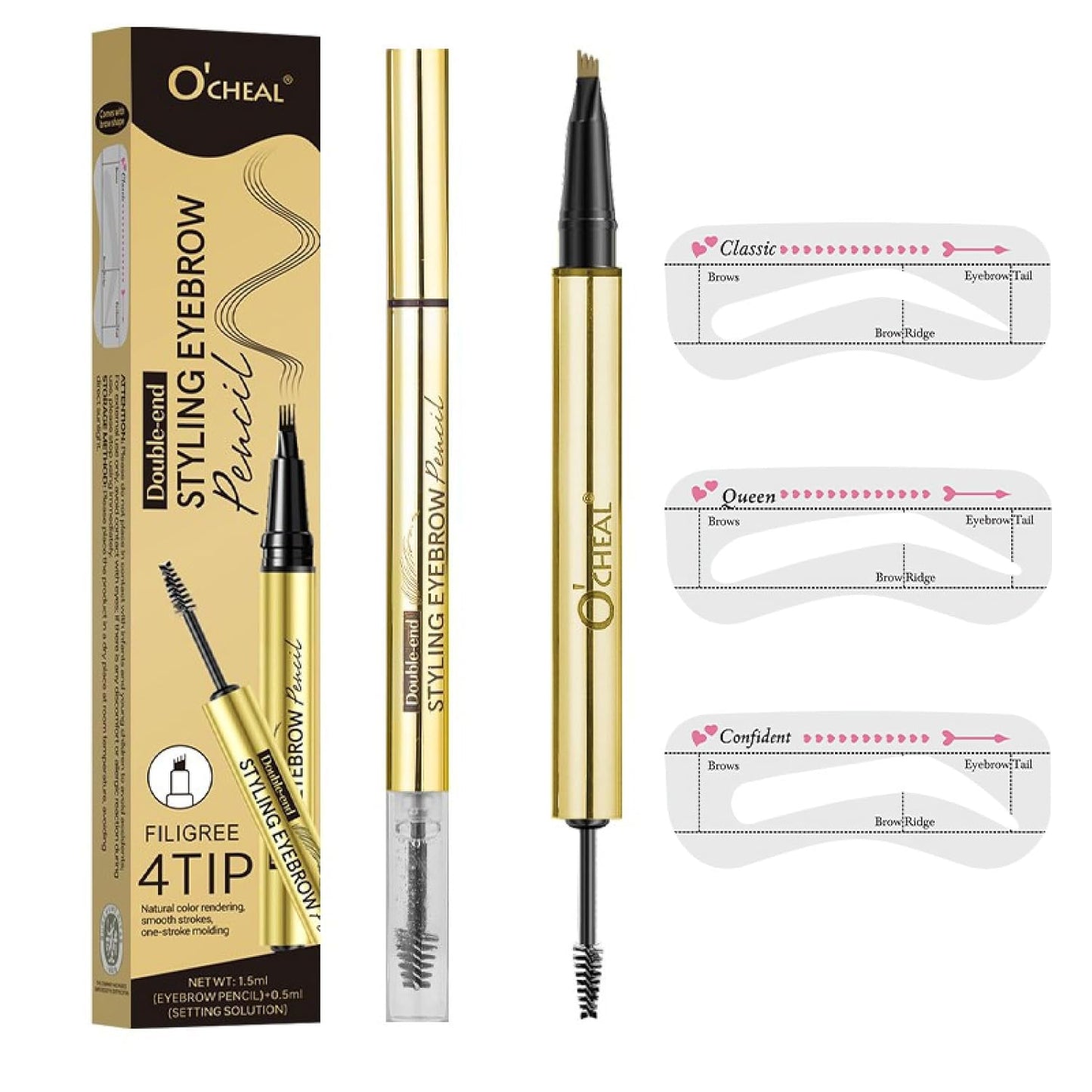 O'CHEAL Double-end Styling Eyebrow Pen and Eyebrow Gel with 3 eyebrow cards, 2-in-1 Eyebrow Pencils for Women with 4-Fork-Tip & Clear Brow Gel, Eyebrow Makeup 02#BROWN