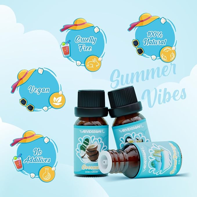 Summer Essential Oils Set, ARVIDSSON Tropical Fragrance Oil for Candle Making, Diffuser Scented Oil - Ocean Breeze, Pina Colada, Fresh Cotton, Pink Island, Plumeria, Coconut