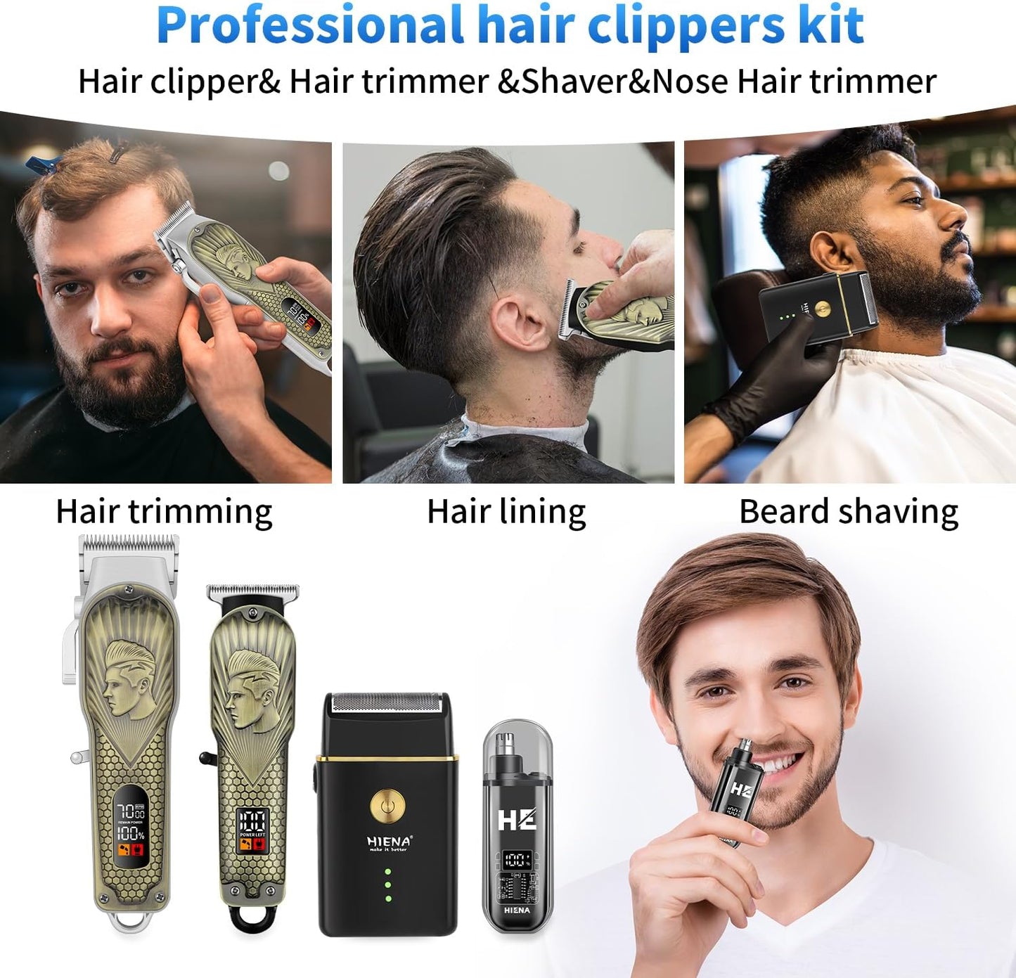 HIENA PRO Professional Hair Clippers for Men, Cordless Hair Clipper for Barber Clippers and Trimmer LED Haircut Set with Foil Shaver, Nose Trimmer, Rechargeable Clippers for Men